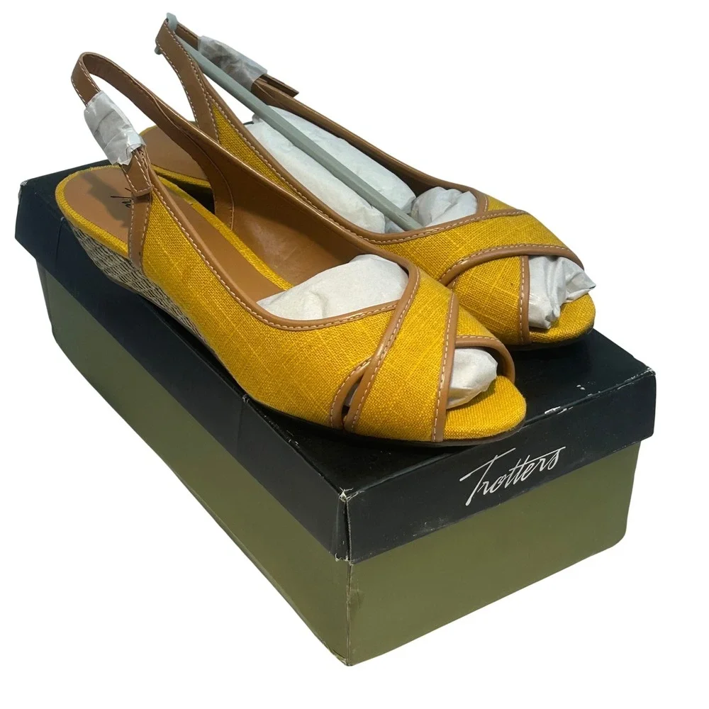 Trotters Womens Yellow Linen Peep Toe‎ Slingback Wedge Sandals Size 8.5M